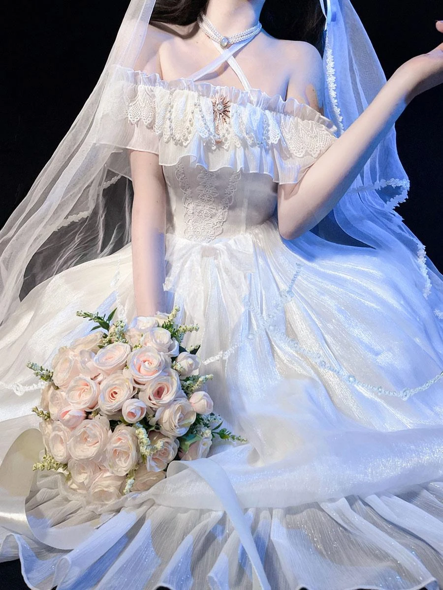 Sweet Lolita Dress White Polyester Short Sleeves Lace Up Ruffles Lace Bows Tea Party Lolita Dress - Image 4