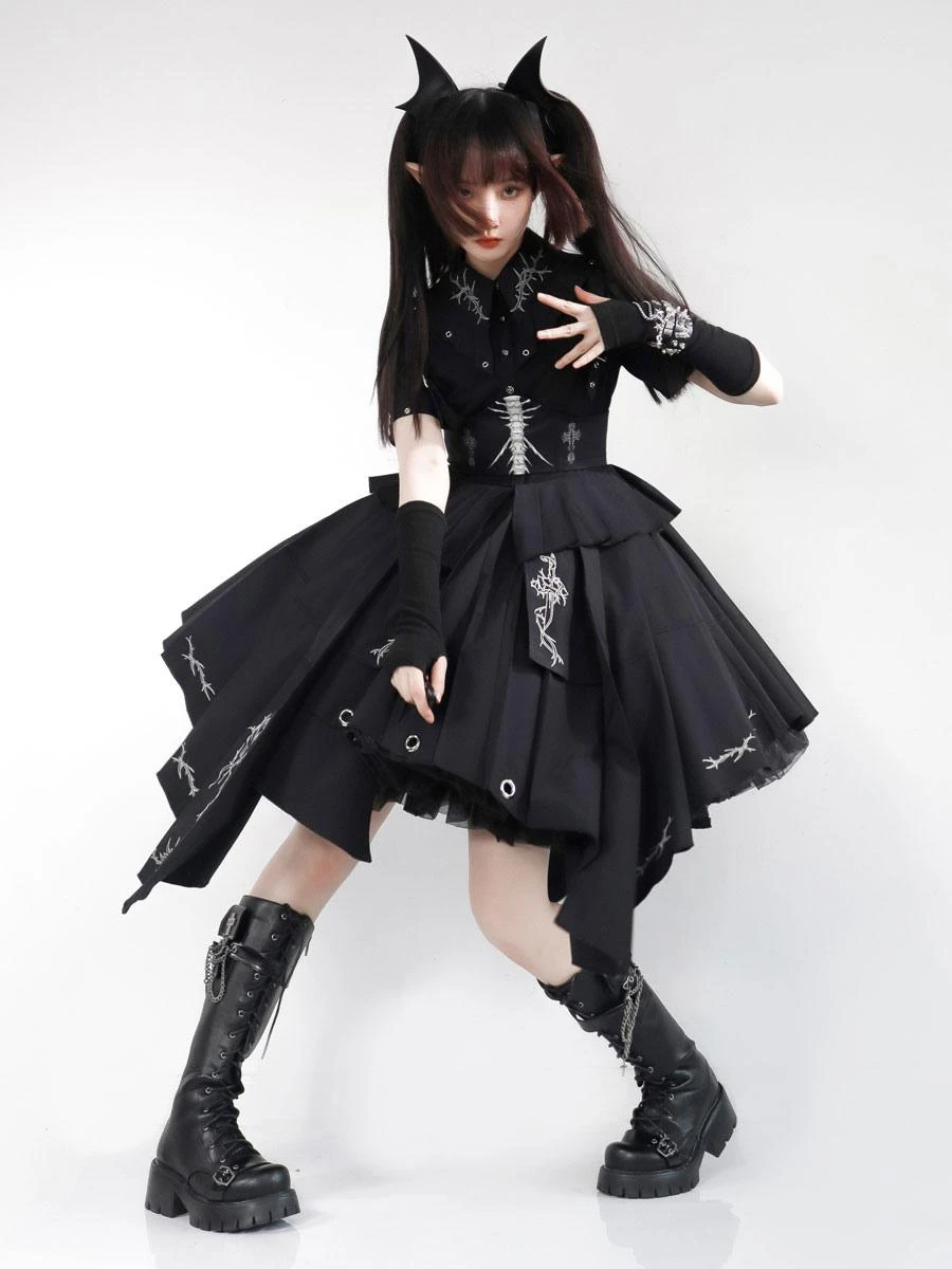 Gothic Lolita Military Uniform Army Samurai Cross Metal Details Short Sleeve Black Lolita OP Dress - Image 3