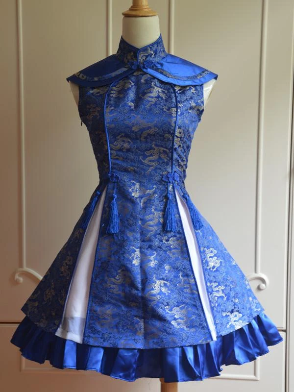 Classic Blue Qi Lolita Dress Sleevesless Lace Up Printed Satin - Image 2