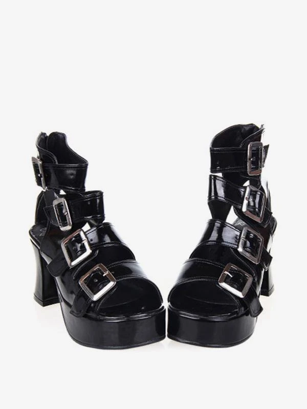 Fantastic Buckles PU Leather Black Lolita Sandals - Image 5