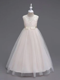 Flower Girl Dresses Jewel Neck Sleeveless Floor Length Bows Formal Kids Pageant Party Dresses