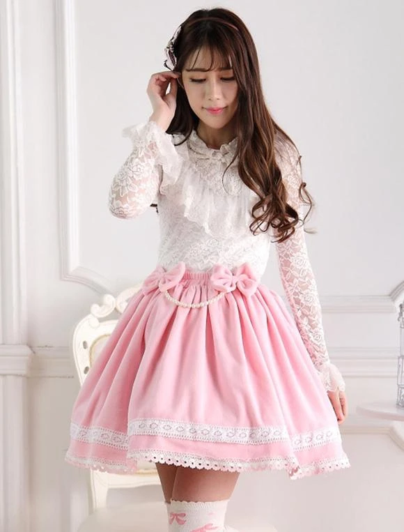 Sweet Pink Short Kawaii Lolita Skirt With White Trim Bow Pears Skirt - Image 3