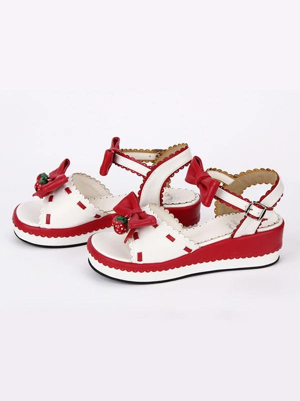 Sweet Lolita Shoes Strawberry Bell Bows White Cutie Platform Sandals - Image 2