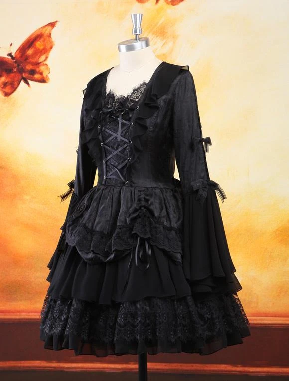 Gothic Black Lolita One Piece Dress Long Hime Sleeves Lace Up Layers Lace Trim - Image 6