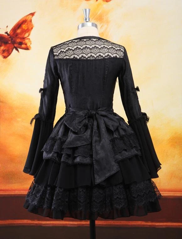 Gothic Black Lolita One Piece Dress Long Hime Sleeves Lace Up Layers Lace Trim - Image 7