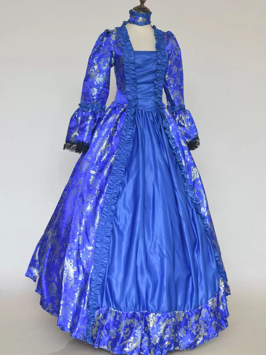 Blue Retro Costumes Lace Up Satin Fabric Floral Print Choker Marie Antoinette Costume Women's Gothic Set Vintage Clothing - Image 3