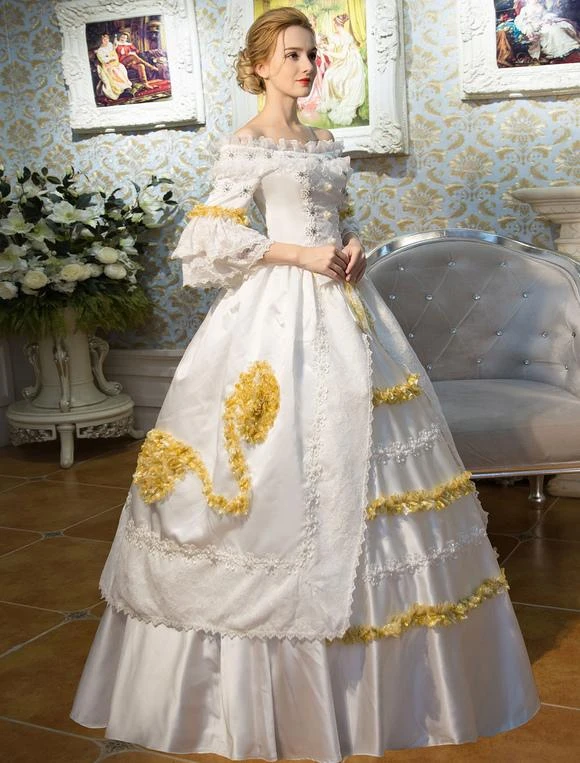 White Retro Costumes Flared Sleeve Off The Shoulder Victorian Vintage Maxi Dress Halloween - Image 3