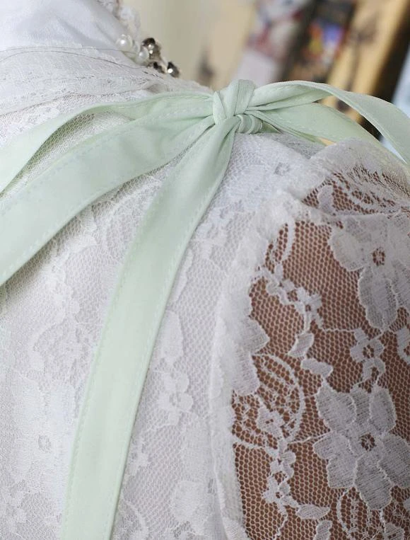 Lolitashow Sweet Lolita Dress In Light Green Printed Qi Lolita Suspender Skirt With White Lace Trim - Image 8