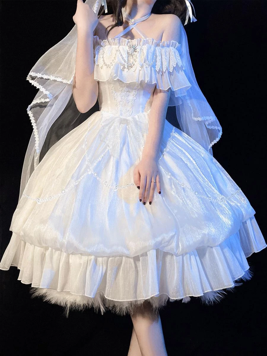 Sweet Lolita Dress White Polyester Short Sleeves Lace Up Ruffles Lace Bows Tea Party Lolita Dress - Image 3