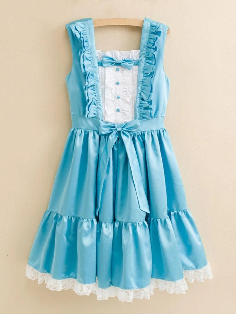 Sweet Lolita Dress JSK Satin Aqua Sleeveless Lolita Jumper Skirt - Image 2