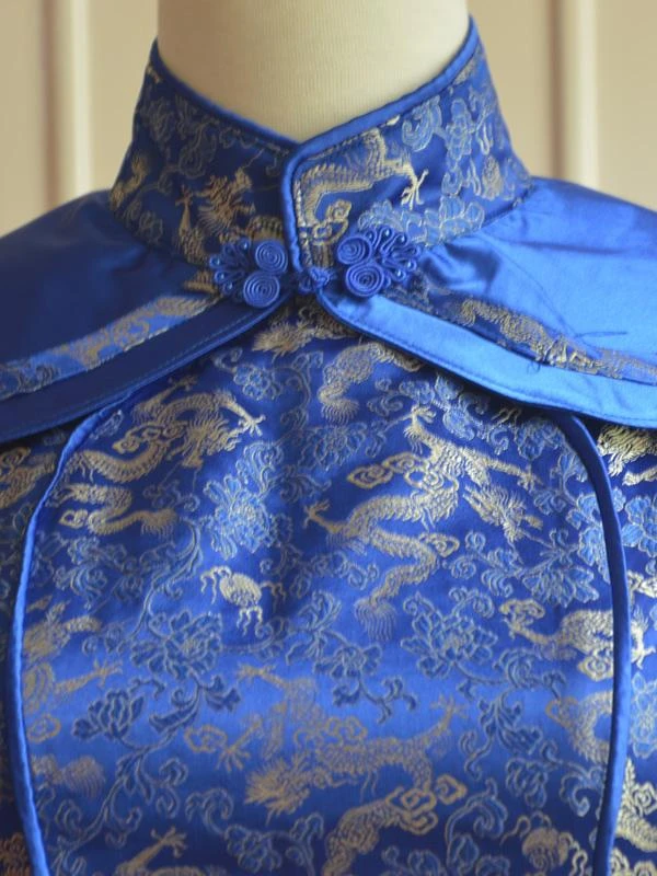 Classic Blue Qi Lolita Dress Sleevesless Lace Up Printed Satin - Image 5