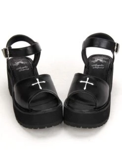 Lolitashow Gothic Black Lolita Platofrm Sandals White Cross Print Ankle Strap Buckle