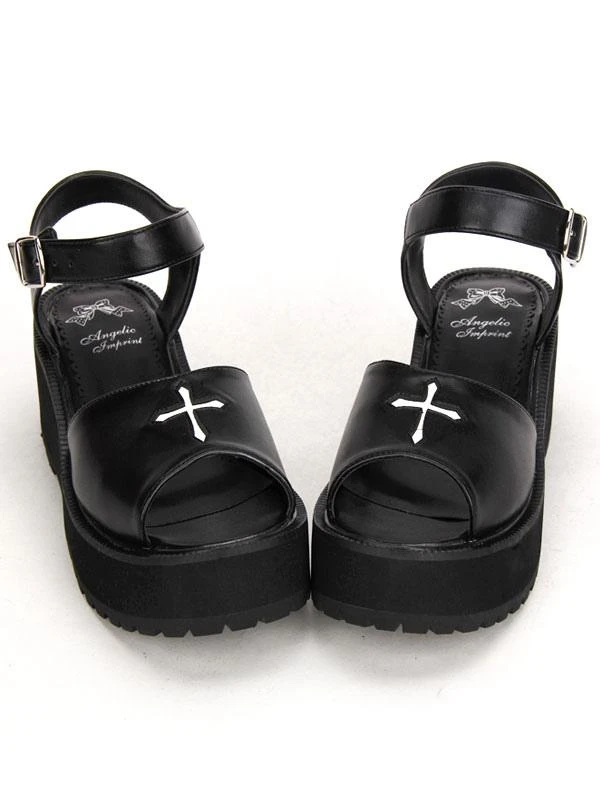 Lolitashow Gothic Black Lolita Platofrm Sandals White Cross Print Ankle Strap Buckle