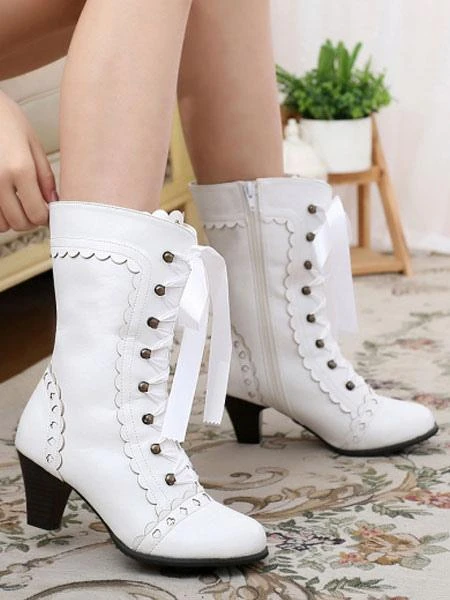 Classic Lolita Boots Round Toe Prism Heel Lace Up Champagne Lolita Winter Boots - Image 2