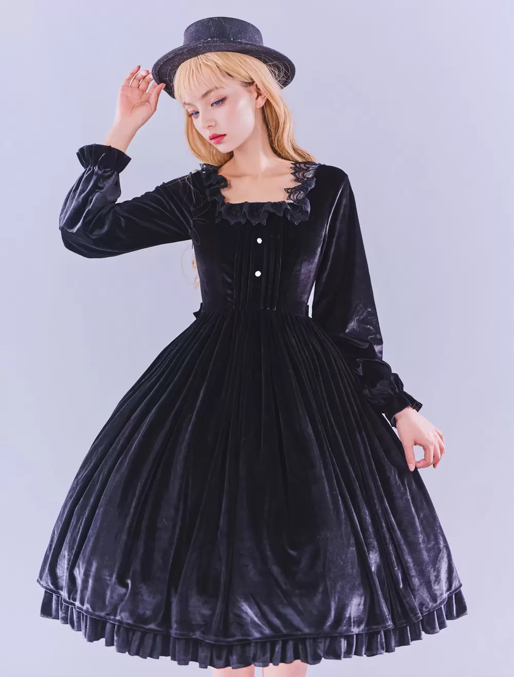 Lolitashow Exclusive Gothic Lolita Dresses Ruffles Lace Black Long Sleeve Velour Daily Casual Dress - Image 5