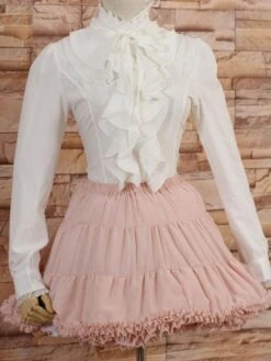 Lolitashow White High Collar Lolita Blouse Long Sleeves With Ruffles