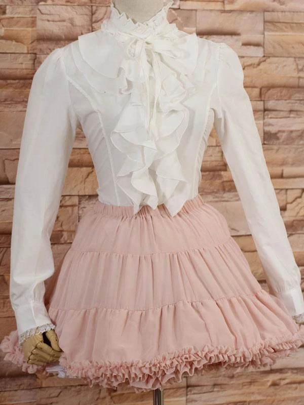 Lolitashow White High Collar Lolita Blouse Long Sleeves With Ruffles