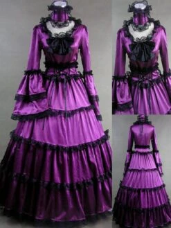 Lolitashow Gothic Purple Long Sleeves Poplin Lolita One-Piece