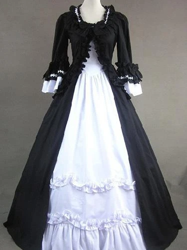 Lolitashow Gothic Black And White Poplin Long Sleeves Lolita One-Piece Dress