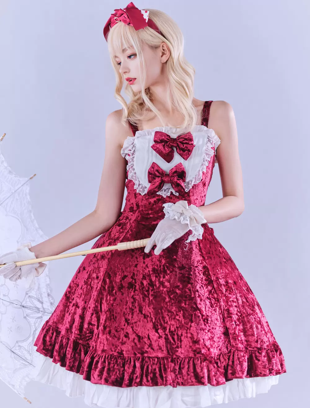 JSK Lolitashow Exclusive Sweet Lolita Dress Velour Sleeveless Jumper Lace Bows Ruffles Daily Casual Dress - Image 7