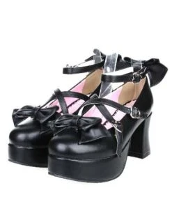Lolitashow Matte Black Lolita Heels Shoes Platform Shoes Ankle Strap Buckles Bows