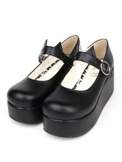 Gothic Lolita Shoes Cat Ear Mary Janes Round Toe PU Leather Black Platform Shoes