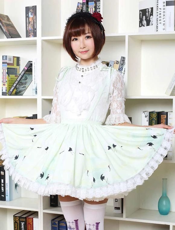 Lolitashow Sweet Lolita Dress In Light Green Printed Qi Lolita Suspender Skirt With White Lace Trim - Image 4