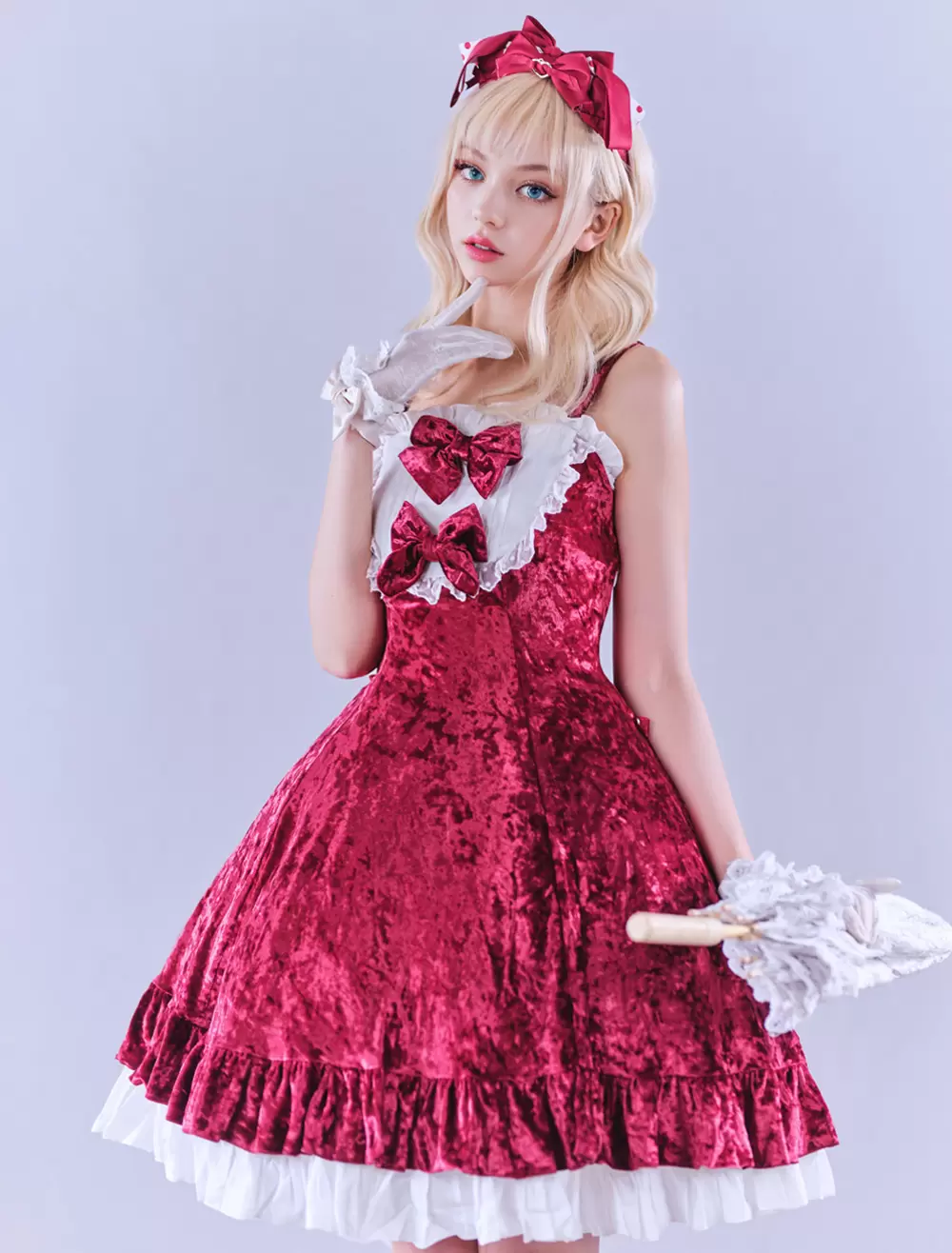 JSK Lolitashow Exclusive Sweet Lolita Dress Velour Sleeveless Jumper Lace Bows Ruffles Daily Casual Dress - Image 6