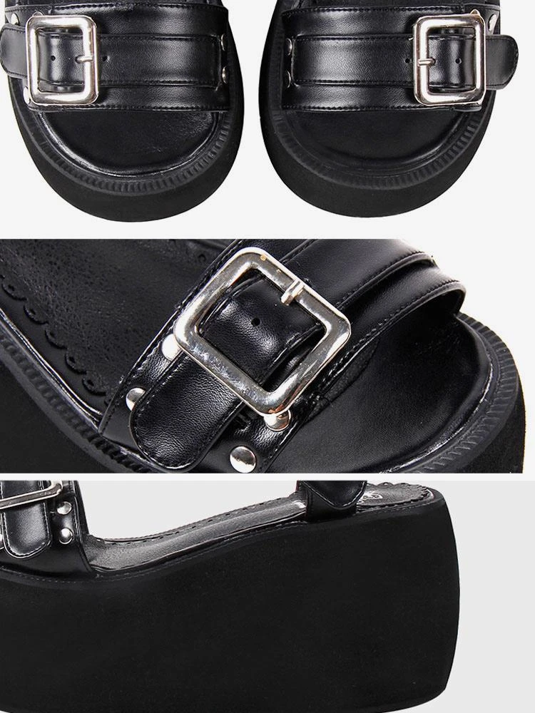 Steampunk Lolita Sandals Open Toe PU Leather Black Lolita Summer Shoes - Image 6