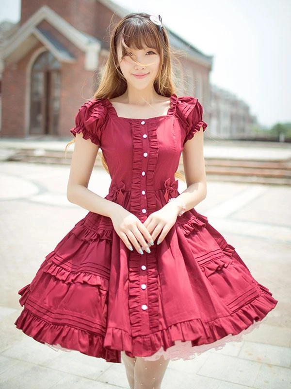 Lolitashow Classical Lolita Dress Layered Ruffles Lolita Dress Short Sleeves Lolita Op Dress With Bows - Image 3