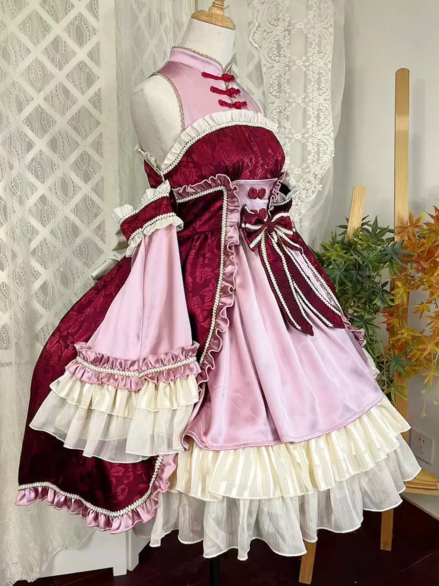 Lolitashow Exclusive Chinese Style Lolita Dress Bows Sleeveless Chiffon Floral Print Burgundy Tea Party Dress - Image 7