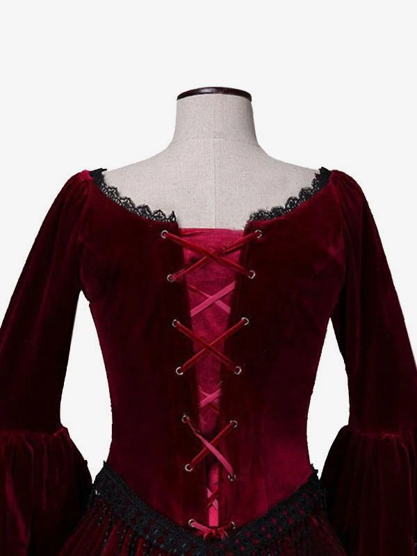 Burgundy Retro Costumes Women's Marie Antoinette Costume Lace Lace Polyester Tunic Dress Retro Masquerade Ball Gown - Image 6