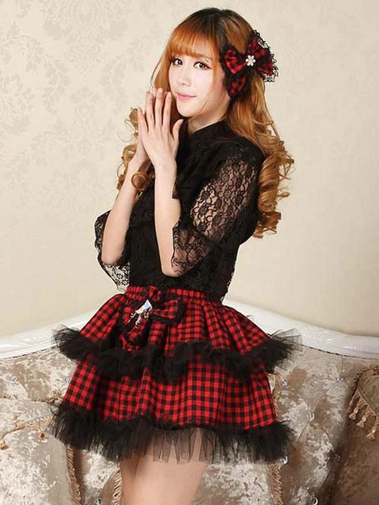 Classic Lolita SK Bow Plaid Ruffle Lace Red Lolita Skirt - Image 3