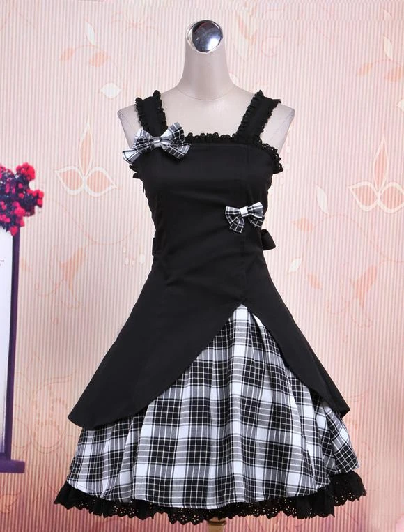 Lolitashow Gothic Lolita Dress JSK Black Gingham Applique Lolita Jumper Skirt