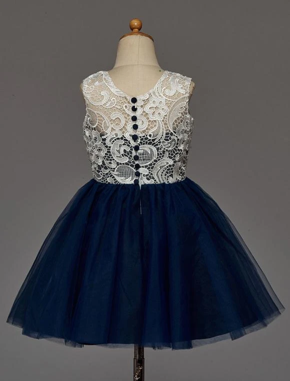 Dark Navy Flower Girl Dress With Buttons Lace Tulle - Image 3