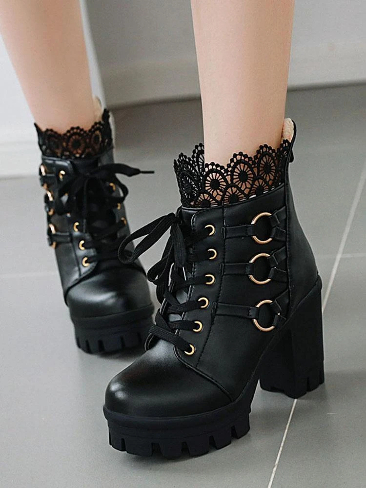 Sweet Lolita Boots Black Lace Round Toe PU Leather Chunky Heel Lolita Footwear - Image 5