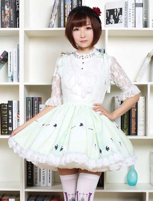 Lolitashow Sweet Lolita Dress In Light Green Printed Qi Lolita Suspender Skirt With White Lace Trim - Image 2
