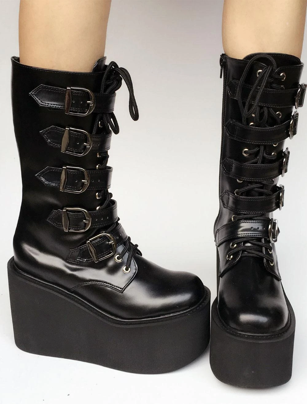 Lolitashow Lolita Platform Boots Black Wedge Buckle Lace Up Round Toe Lolita Short Boots - Image 3