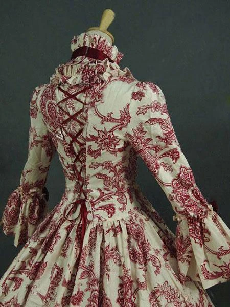 Victorian Dress Costume Prom Dress Baroque Costume Dark Red Lace Ruffles Floral Print Vintage Victorian Era Clothing With Choker Retro Outfits Halloween - Image 5