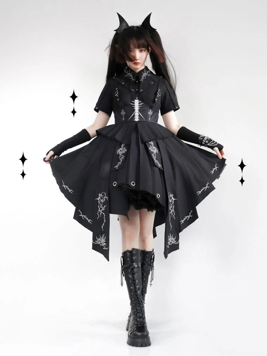 Gothic Lolita Military Uniform Army Samurai Cross Metal Details Short Sleeve Black Lolita OP Dress - Image 2
