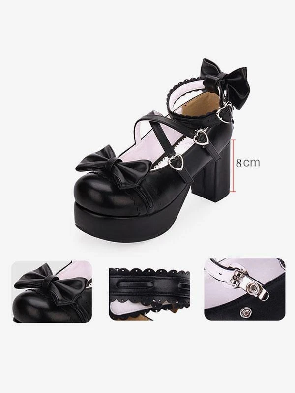 Sweet Lolita Shoes Bow Strappy Platform Chunky Heel PU Burgundy Lolita Footwear - Image 5