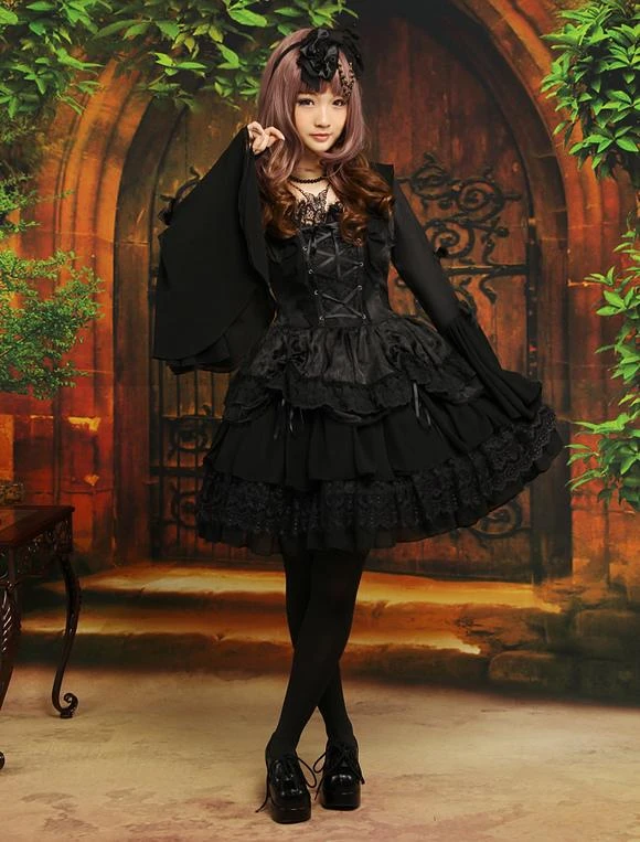 Gothic Black Lolita One Piece Dress Long Hime Sleeves Lace Up Layers Lace Trim - Image 2