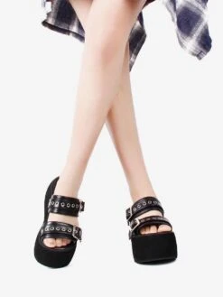 Gothic Lolita Sandals Rivets Open Toe PU Leather Black Lolita Summer Shoes
