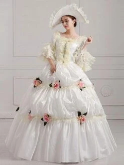 Victorian Dress Costume Women's Victorian Era Clothing White Square Neckline Ball Gown Pageant Dress With Flowers Outfits Halloween