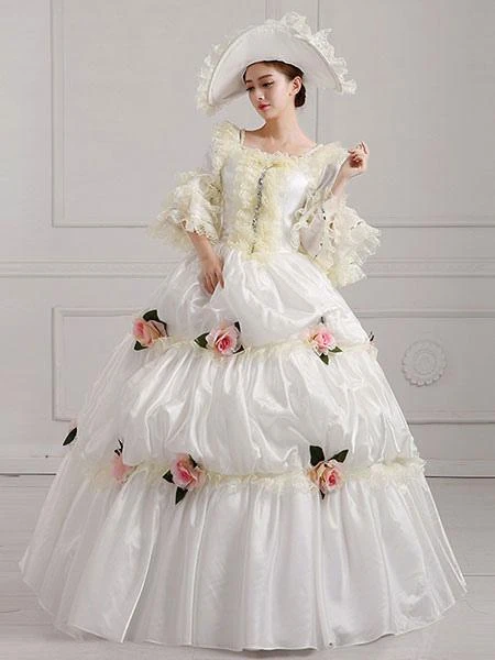 Victorian Dress Costume Women's Victorian Era Clothing White Square Neckline Ball Gown Pageant Dress With Flowers Outfits Halloween