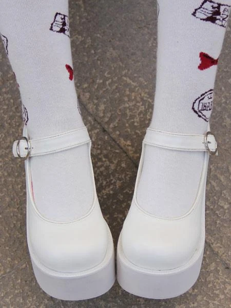 Lolitashow Sweet Lolita Shoes White Platform Wedge Ankle Strap Lovely Lolita Shoes - Image 3
