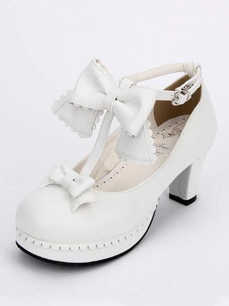 Lolitashow Sweet Lolita Shoes White Round Toe Cone Heel T Strap Lolita Shoes - Image 3