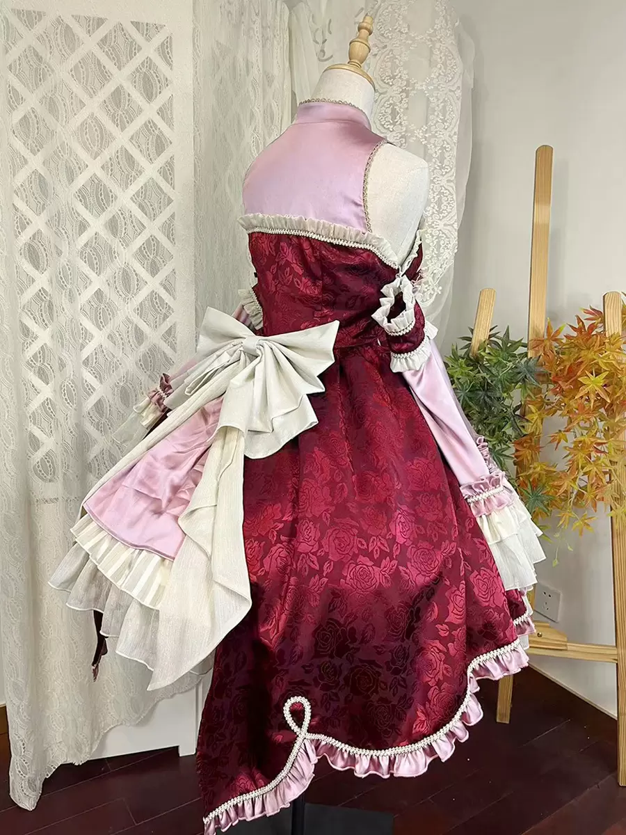 Lolitashow Exclusive Chinese Style Lolita Dress Bows Sleeveless Chiffon Floral Print Burgundy Tea Party Dress - Image 8
