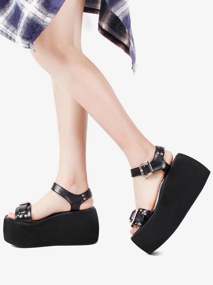 Steampunk Lolita Sandals Open Toe PU Leather Black Lolita Summer Shoes - Image 4