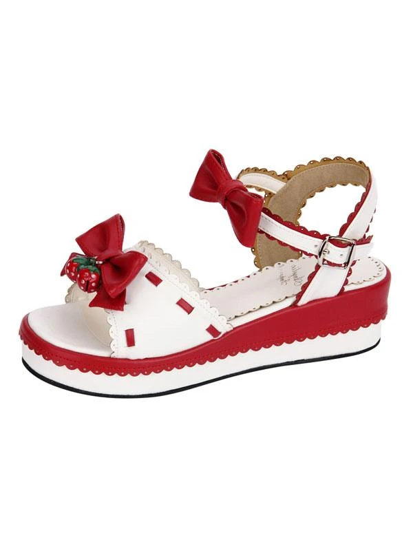Sweet Lolita Shoes Strawberry Bell Bows White Cutie Platform Sandals - Image 4